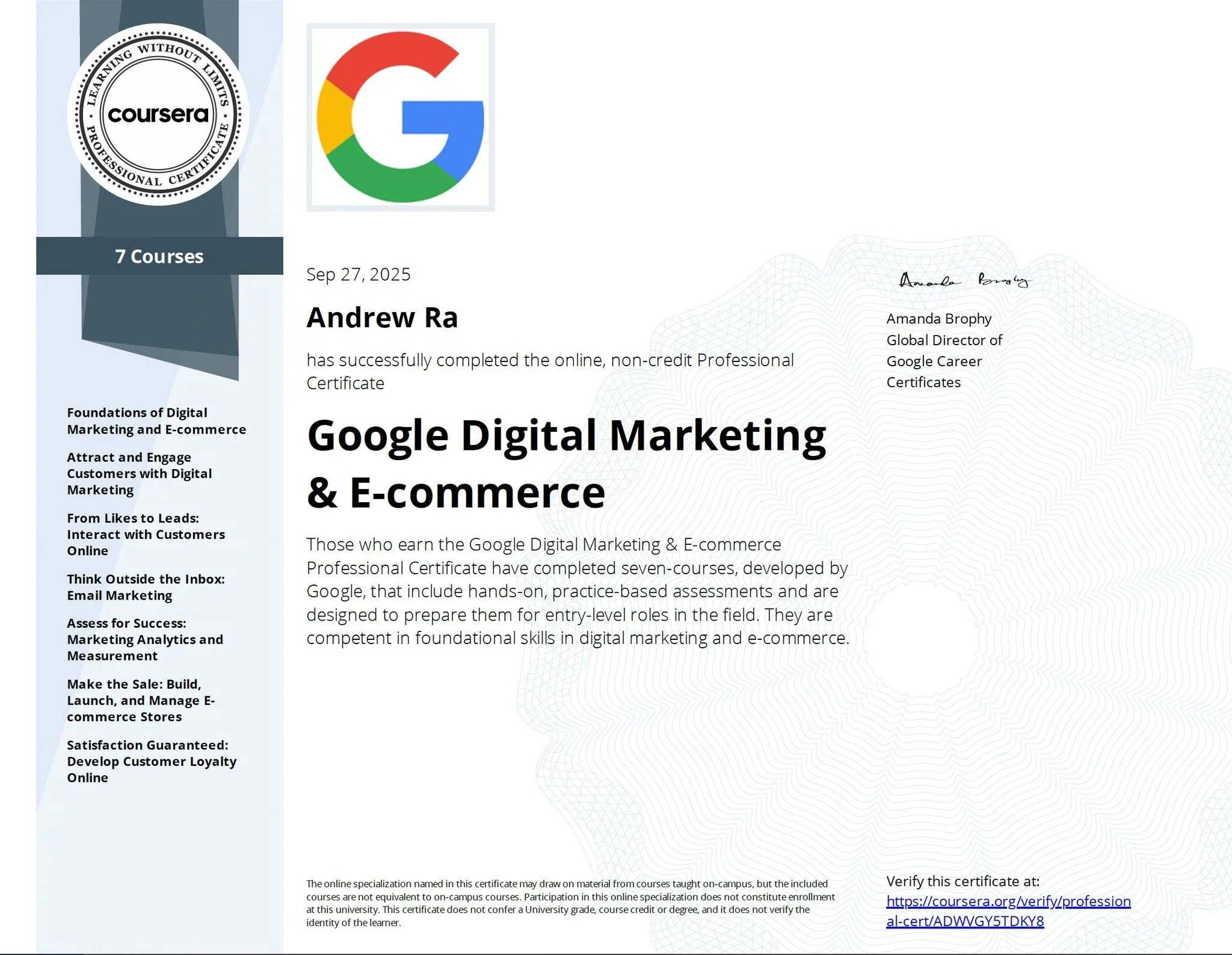 Digital certificate for Andrew Ra for completing Google Digital Marketing & E-commerce courses, issued by Coursera, with logos of Coursera and Google.
