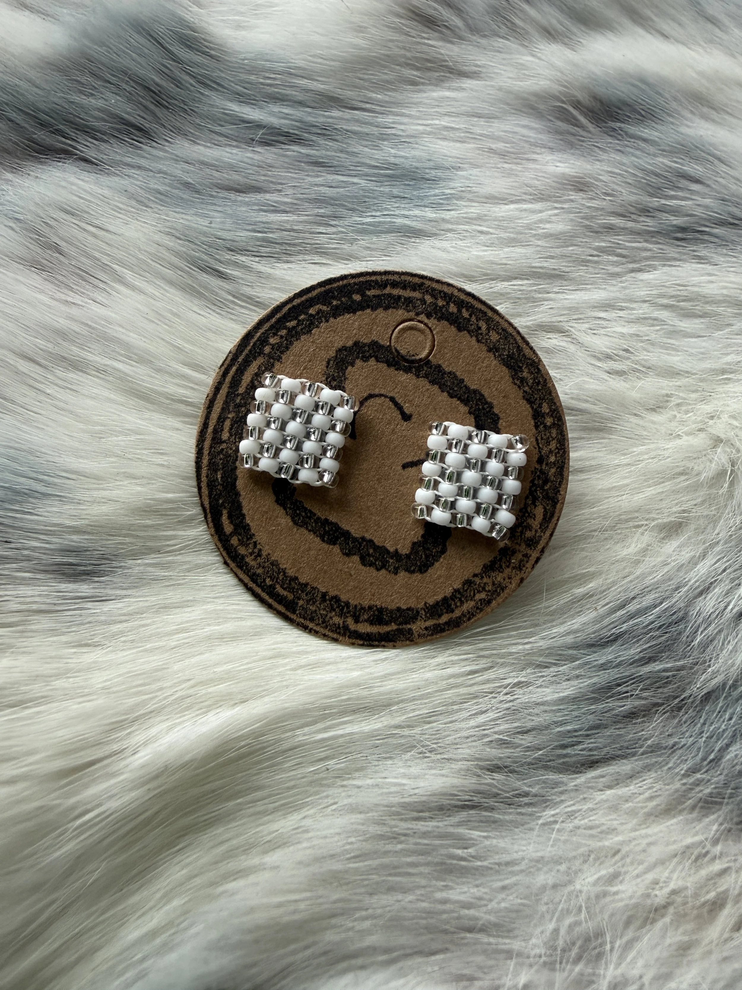 White + Sparkling Silver Checkered Studs