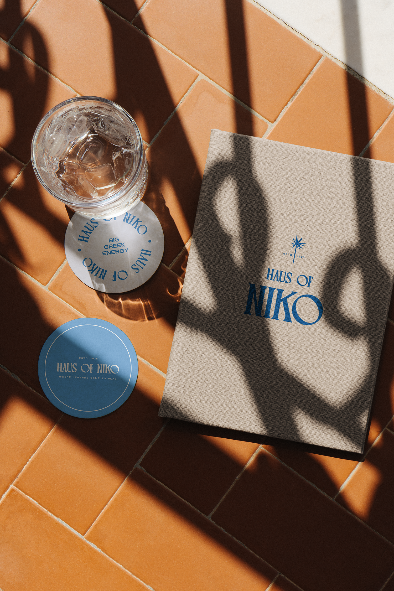 A glass of iced water on a blue coaster reading 'HAUS OF NIKO', next to a beige shopping bag with blue text and logo, on a terracotta tiled floor with sunlight and shadows.