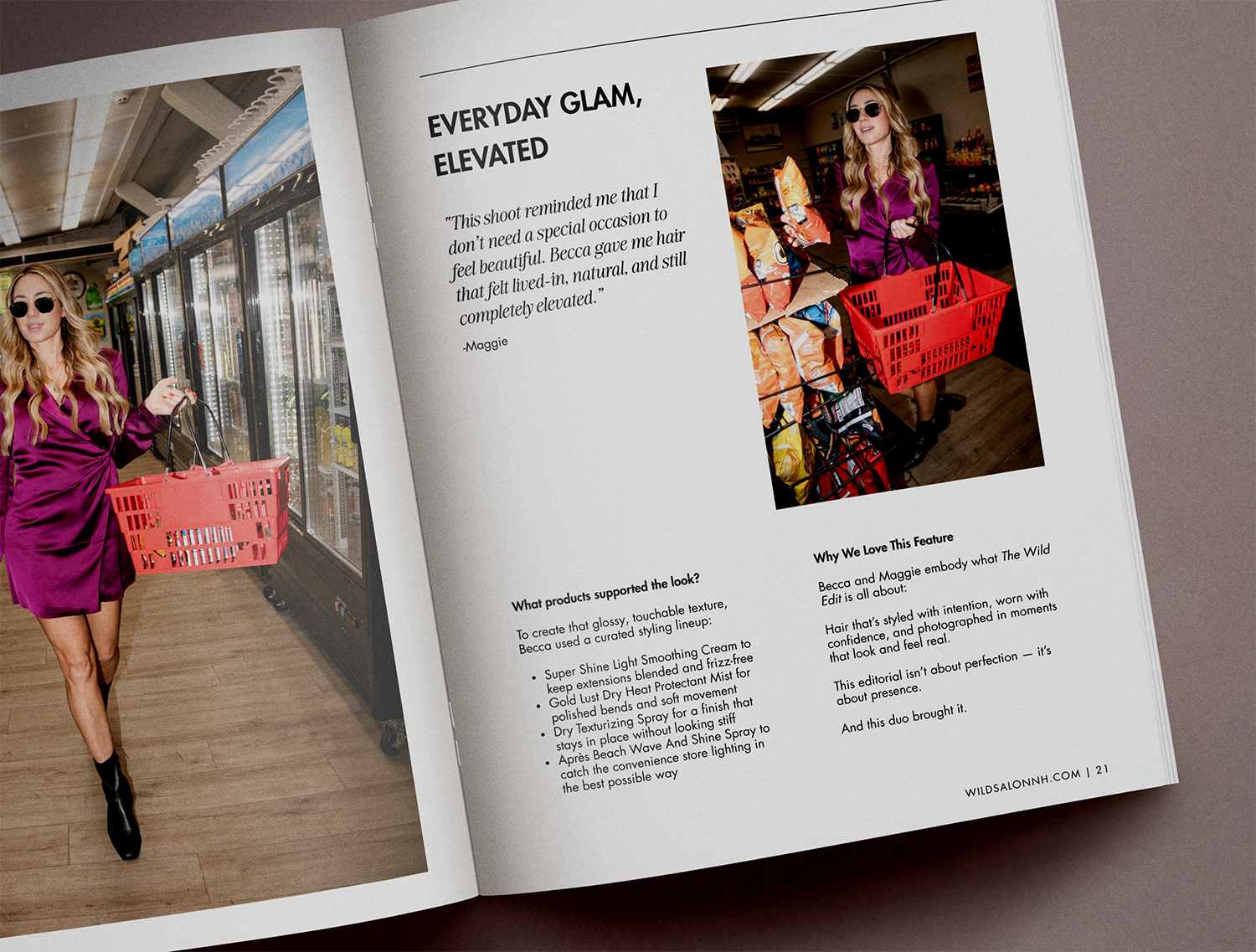 Magazine open to a fashion feature with a photo of a woman in a purple dress and sunglasses shopping in a store, holding a pink shopping basket. The opposite page has text about styling products and a photo of the same woman in the store holding snac