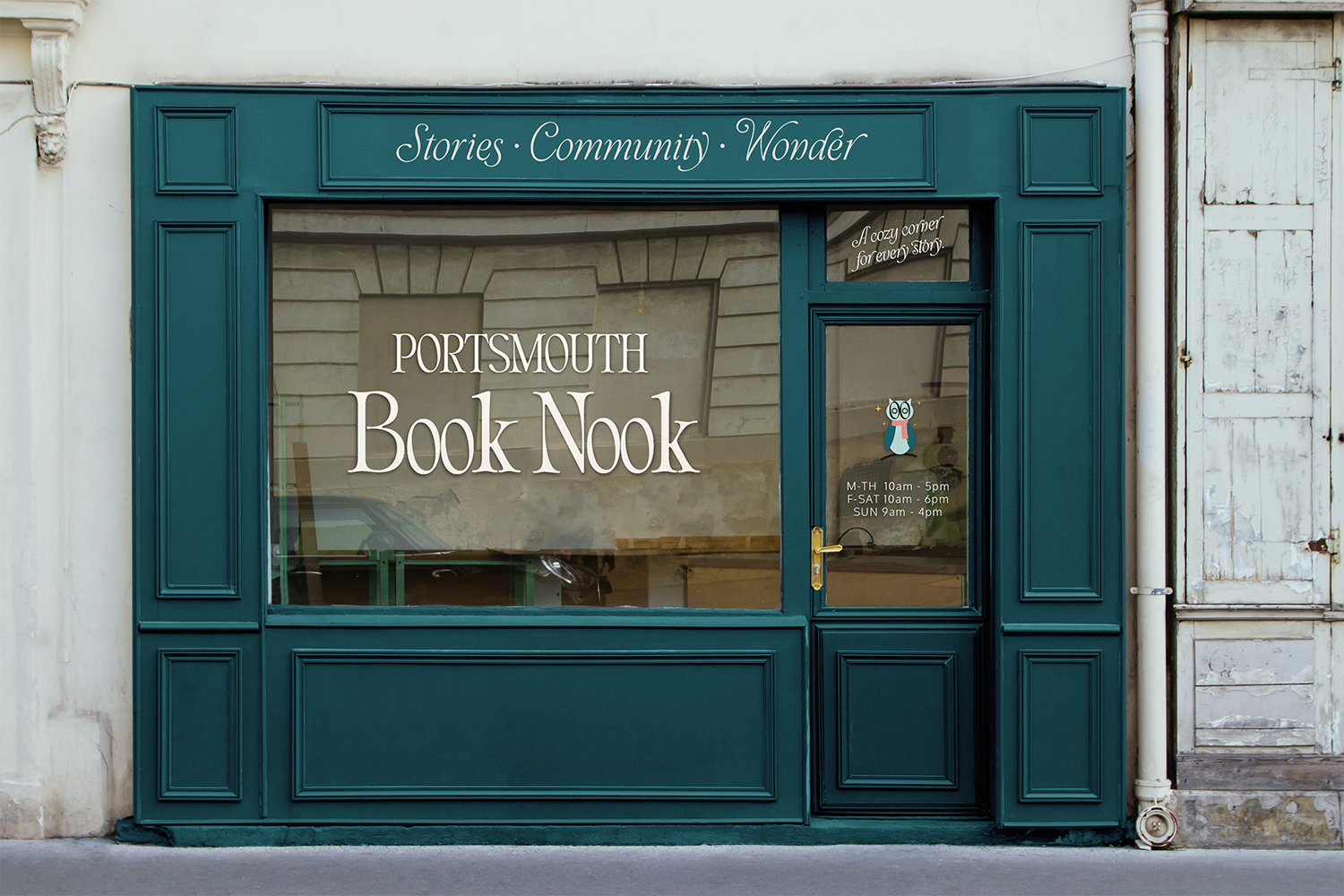 Front of a bookstore named Portsmouth Book Nook with a teal exterior and large window, displaying the store name on the glass along with opening hours; small owl decal on the door.