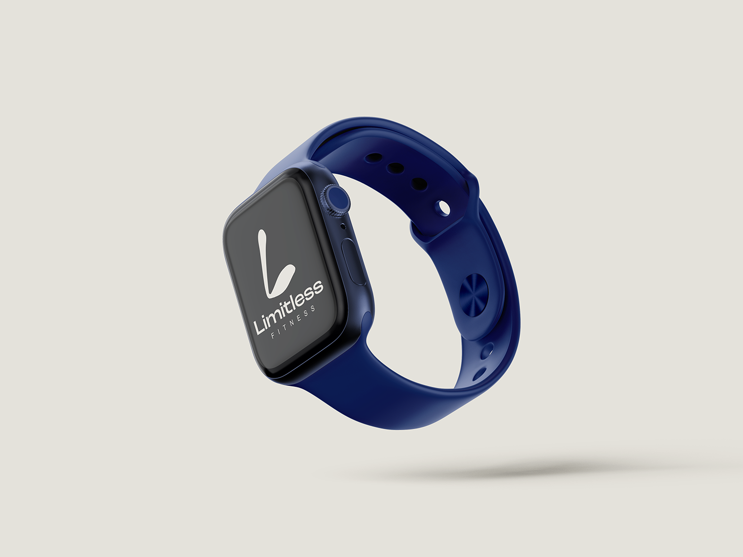 A smartwatch with a blue band displaying the Limitless Fitness logo on its screen