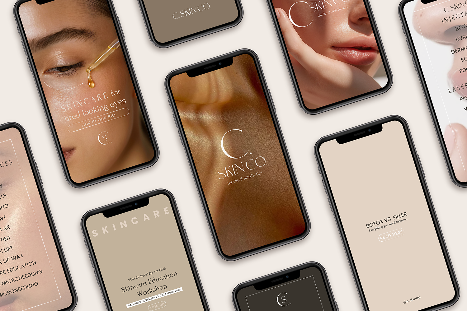 Multiple smartphones displaying skincare and aesthetic treatment promotional images and text, with a focus on a brand called C. SKIN CO and topics like Botox versus fillers and skincare education workshops.