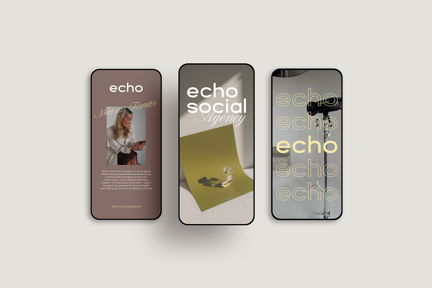 Three vertical digital screens displaying different content related to Echo. The first screen features a woman and text about her background with Echo Social Agency. The second screen shows a perfume bottle on colored paper with the Echo Social Agenc
