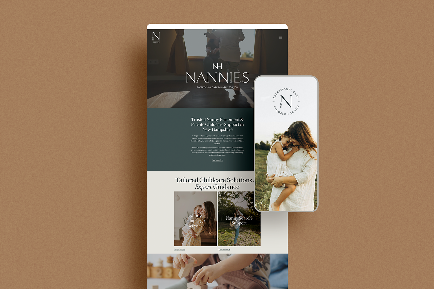 A mobile-optimized website for Nannies in New Hampshire features images of children and caregivers, with sections on nanny services and tailored childcare solutions.