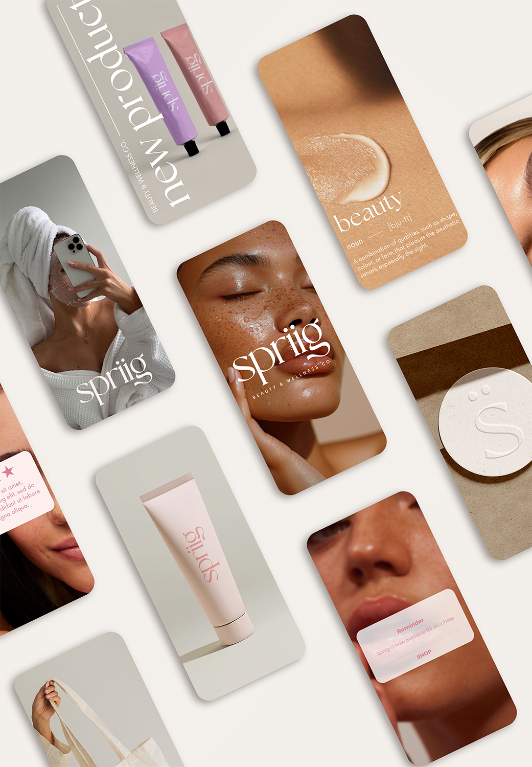 Collection of promotional images and packaging for a skincare and beauty brand called Spring, featuring models with glowing skin, product tubes, and informational cards with the brand's name and skincare definitions.