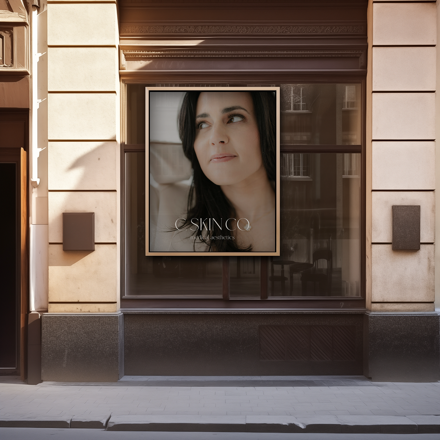  storefront window with a large poster of a woman with dark hair and good skin, advertising C Skino medical aesthetics, on a city street.