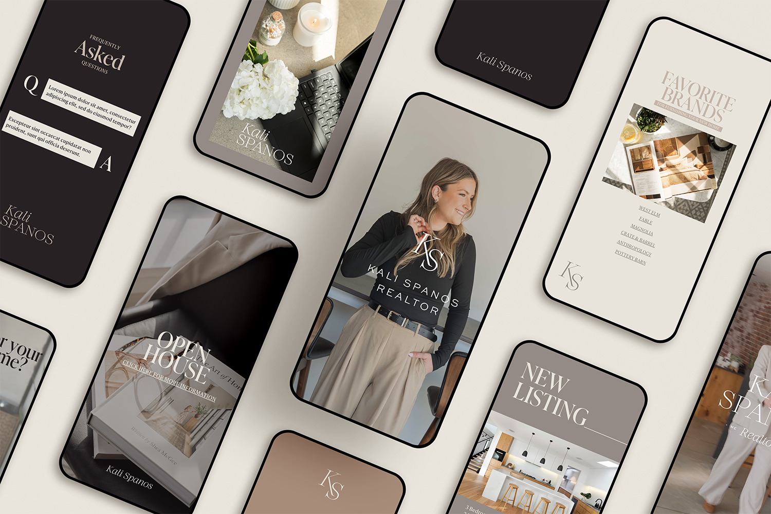 Collection of digital screens showcasing branding, real estate, and interior design content, including photographs of a woman, home decor, and listings.