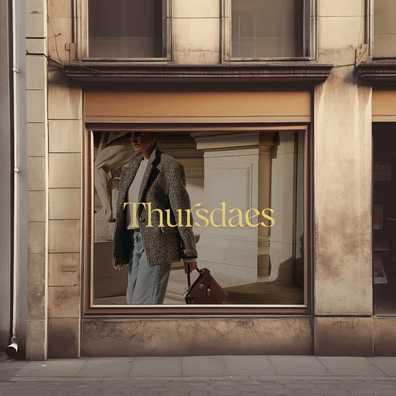 Fashion advertisement window display with a model wearing a plaid coat, white shirt, and jeans, holding a brown handbag, with the word 'Thursdaes' in gold text.