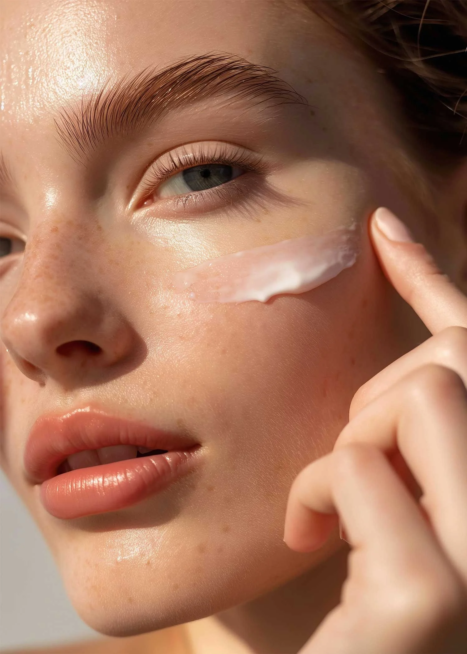 Close-up of a woman applying moisturizer to her cheek with her finger, showcasing smooth skin, well-groomed eyebrows, and full lips.