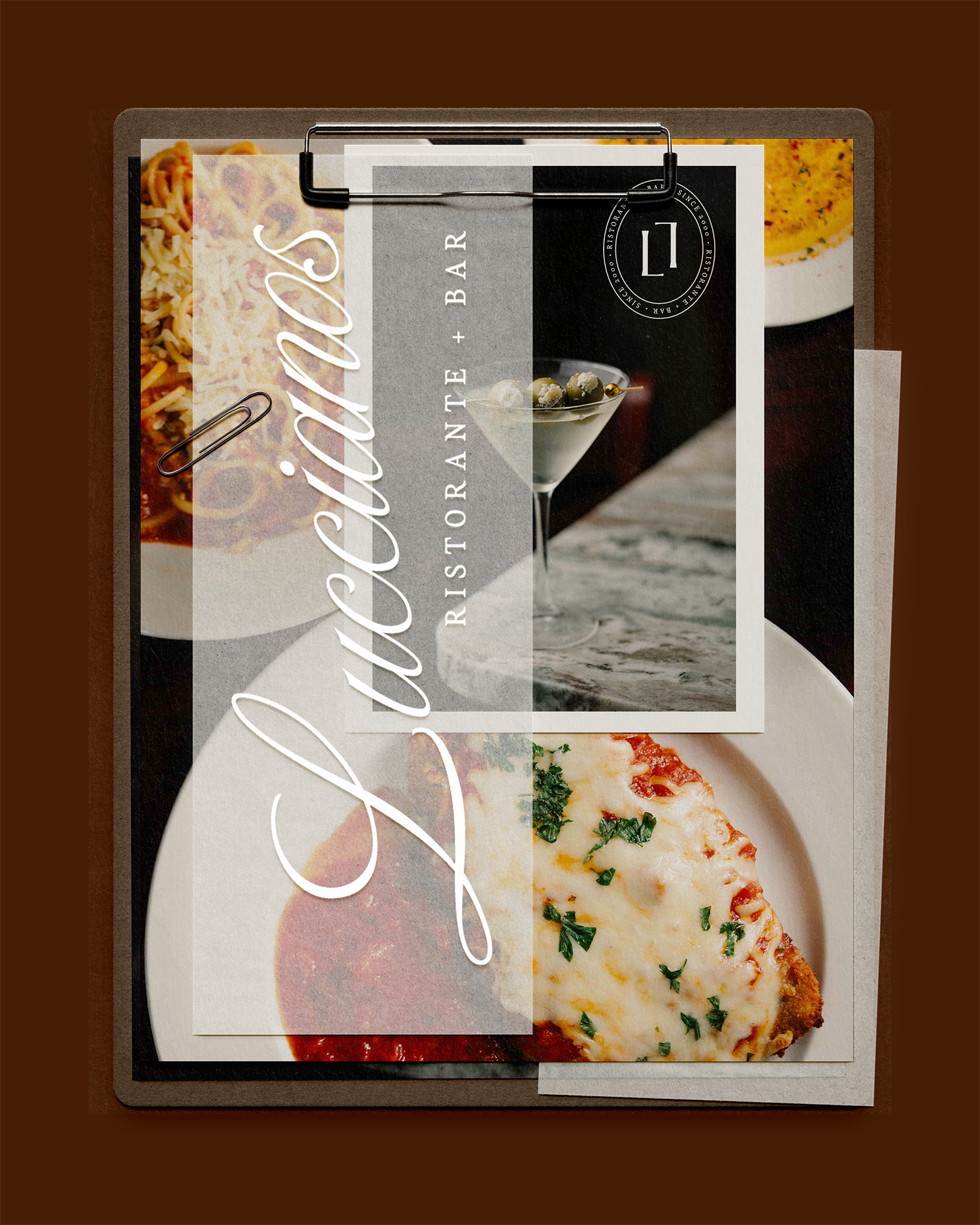 Menu or brochure for a restaurant called 'Lily's Forante + Bar' featuring images of pasta, a martini with olives, and a baked dish with cheese and herbs.