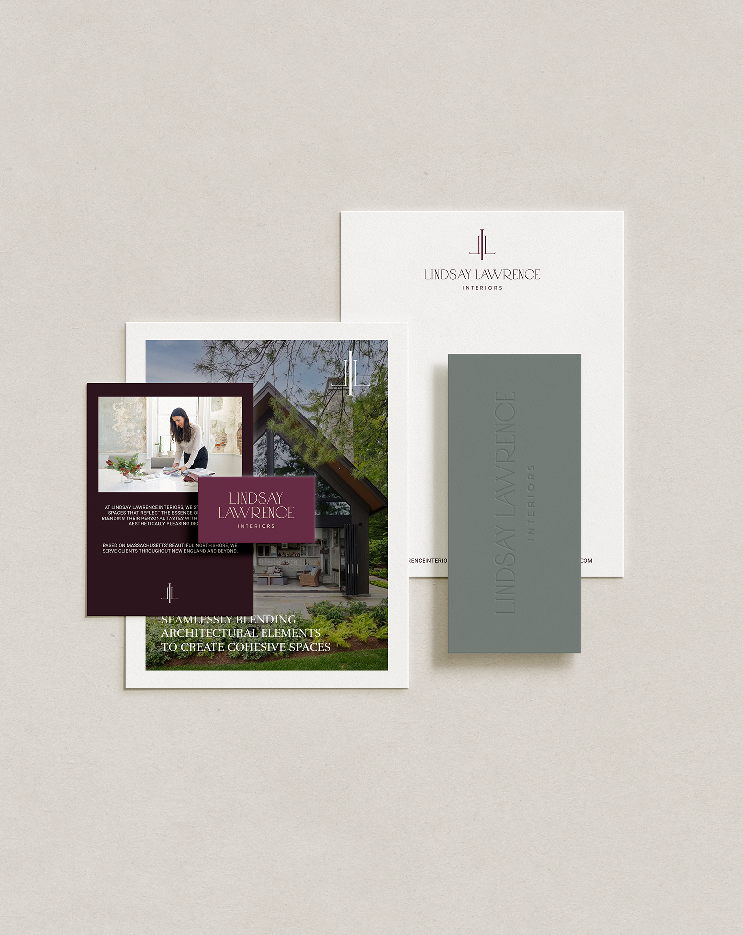 A collection of branding materials for Lindsay Lawrence Interiors, including a brochure, business cards, and marketing flyers with images of interior spaces, architecture, and greenery, featuring a minimalist and elegant design.