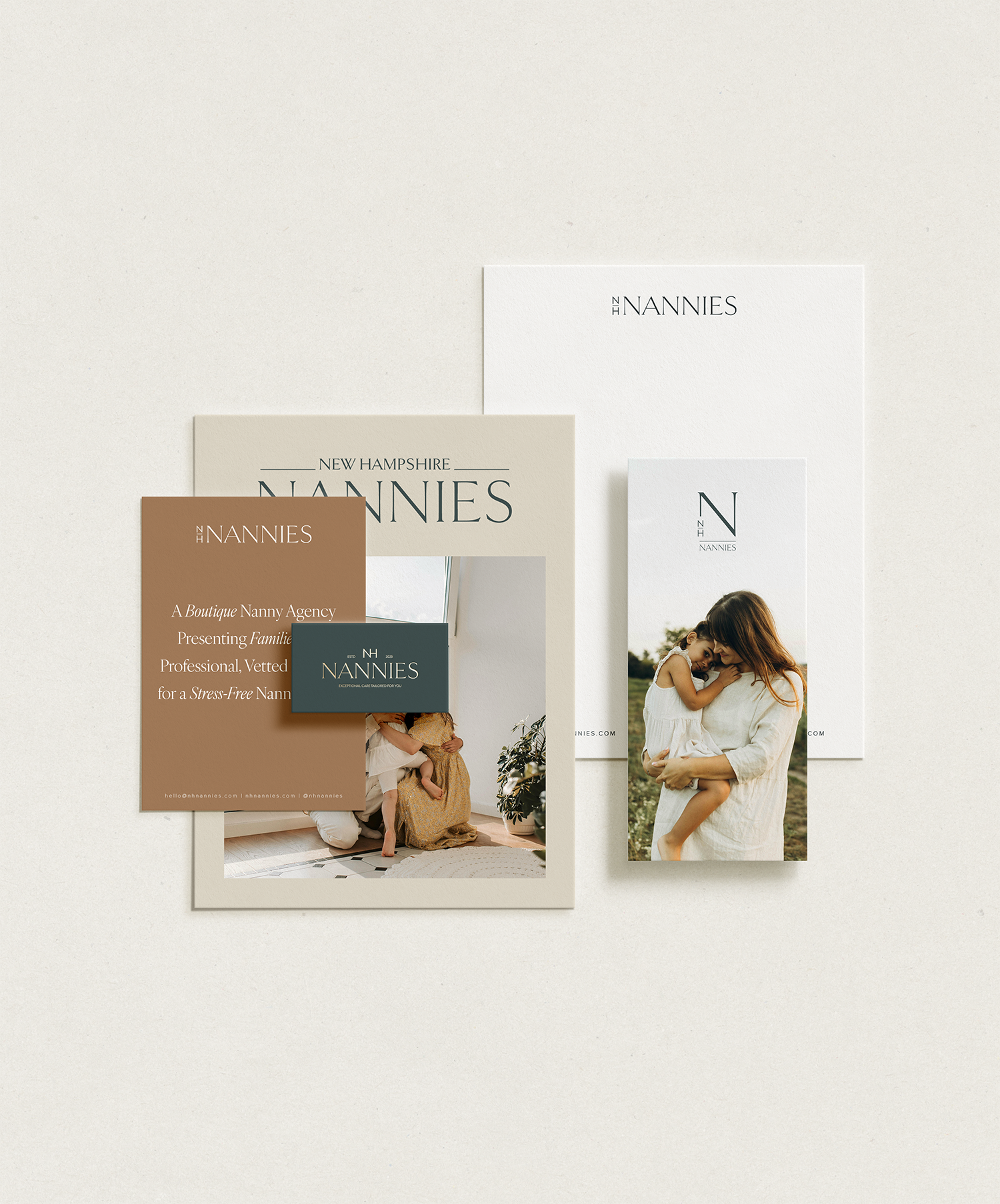 A collection of branding materials for NHH NANNIES, including brochures, business cards, and advertisements, featuring images of mothers and children and a neutral color palette.