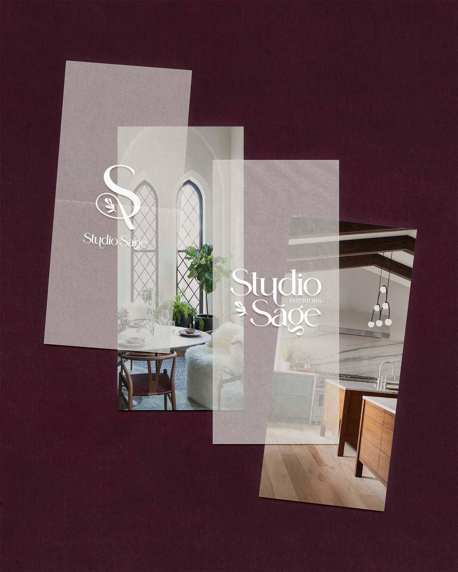 Collage of interior design images from Studio Sage Interiors, including a dining area with a window and potted plants, and a modern kitchen with wooden cabinetry and a pendant light fixture.