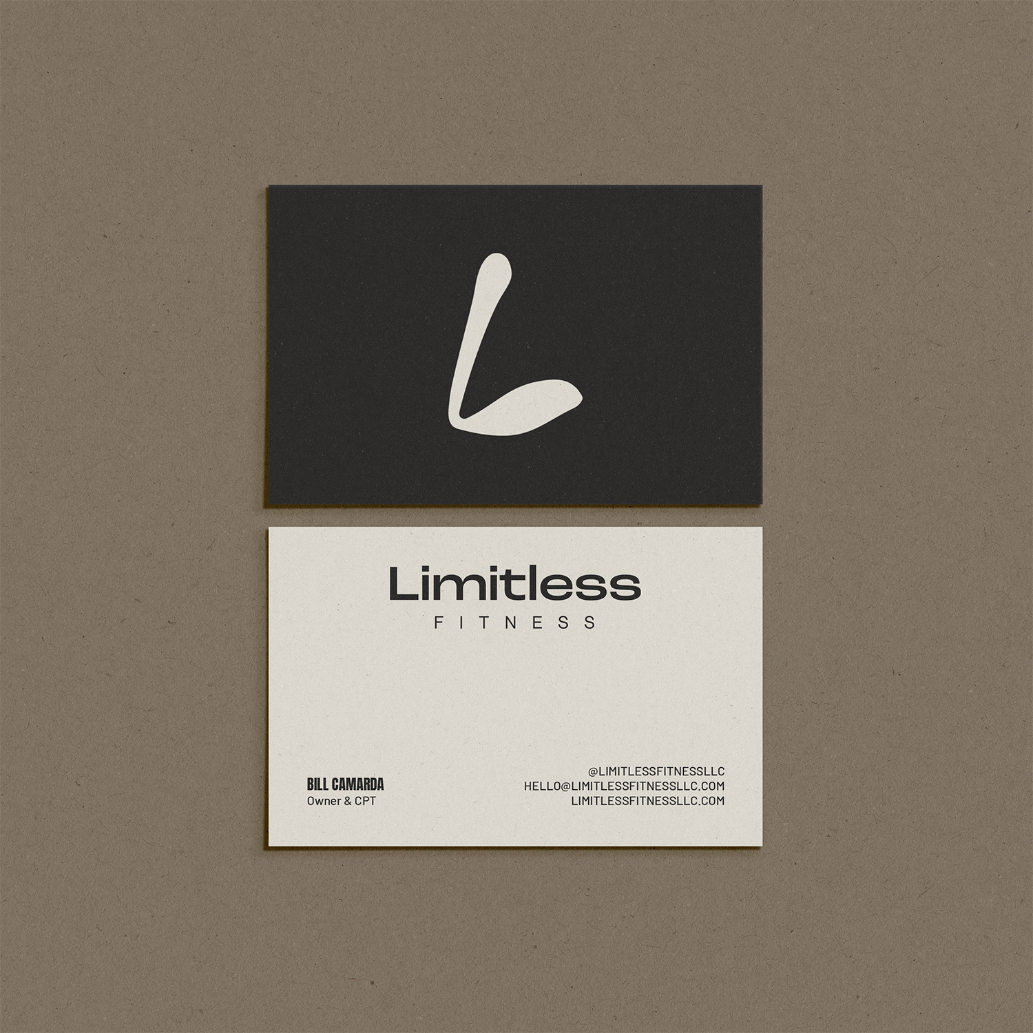 Business card for Limitless Fitness with a black background and white stylized 'L' logo on top; white card underneath with black text, including the name Bill Camarda, owner & CPT, and contact information.