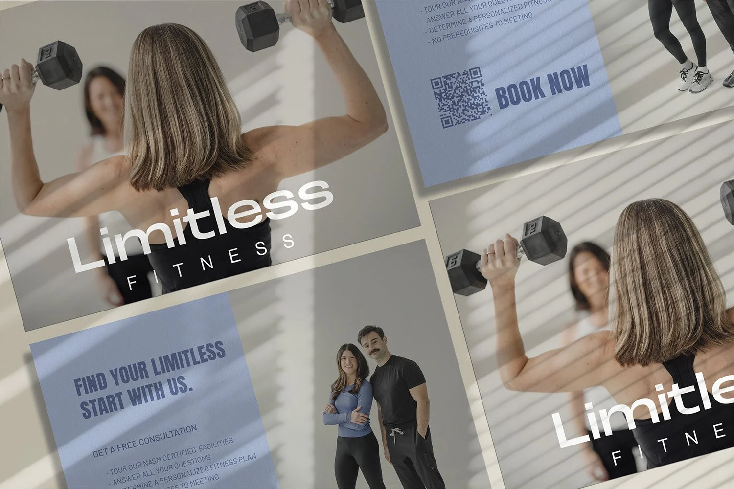 A fitness advertisement featuring a woman lifting dumbbells with the words "Limitless Fitness" overlaid. In the background, there is a smiling woman and a man posing together, along with a promotional flyer about booking fitness consultations.
