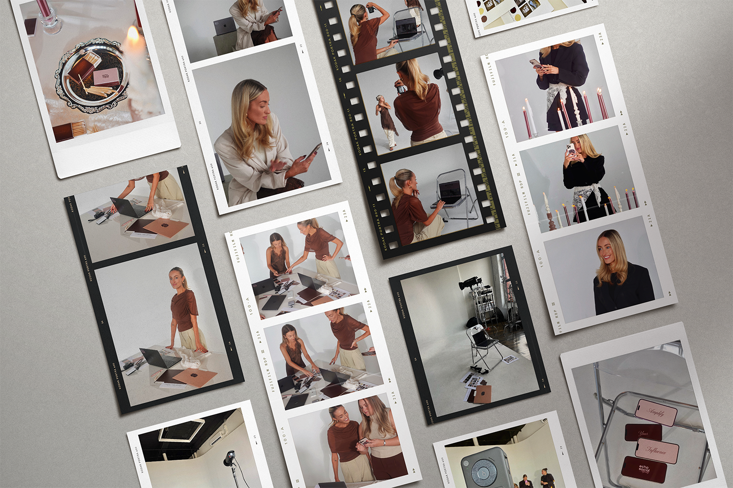 A collection of contact sheets and photo prints arranged on a table, capturing women involved in photography and styling in a studio environment.