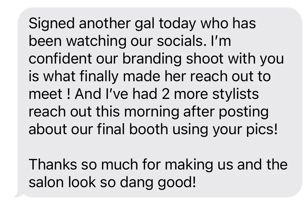 Text message expressing appreciation for a salon stylist, mentioning social media reach, branding success, and satisfaction with the salon's brand photos by Hannah Knight.