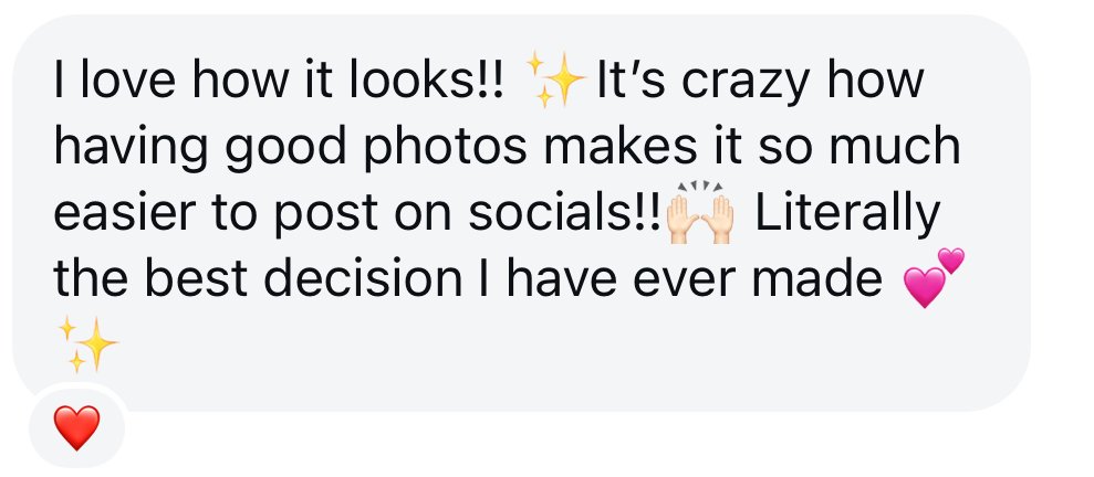 Screenshot of a social media post with text expressing love for good photos and how they make posting easier, accompanied by sparkles, hands raised, a pink heart, and a red heart emoji.
