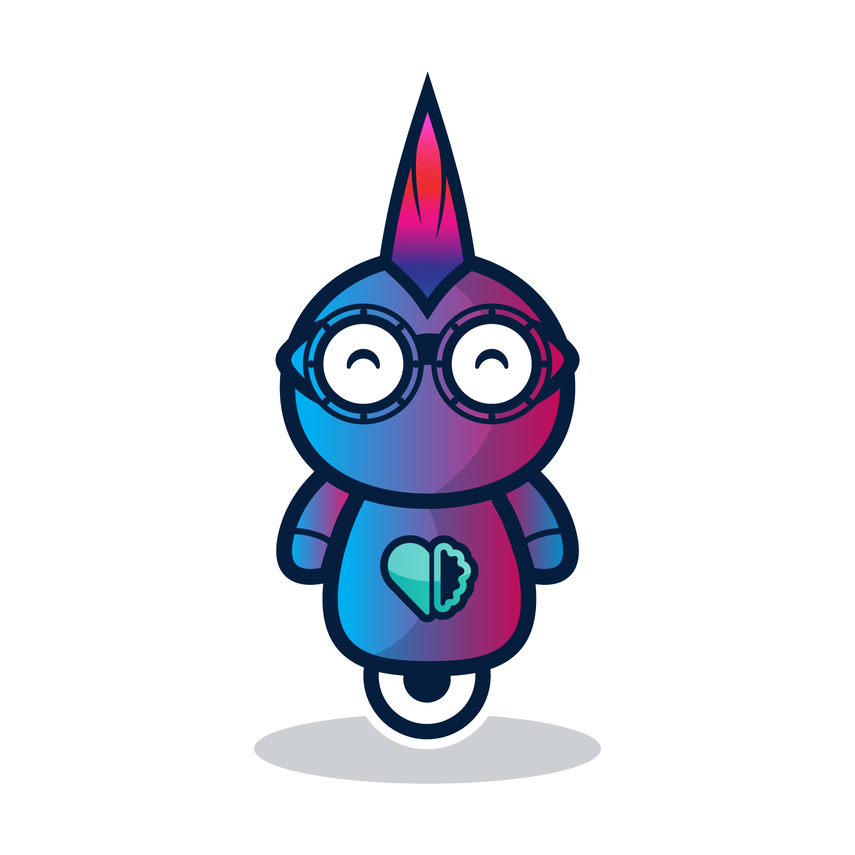 A digital illustration of a cartoon robot with a rainbow-colored mane and tail, wearing round glasses, and a rainbow-colored heart on its chest. The style is neon and futuristic with a black background.