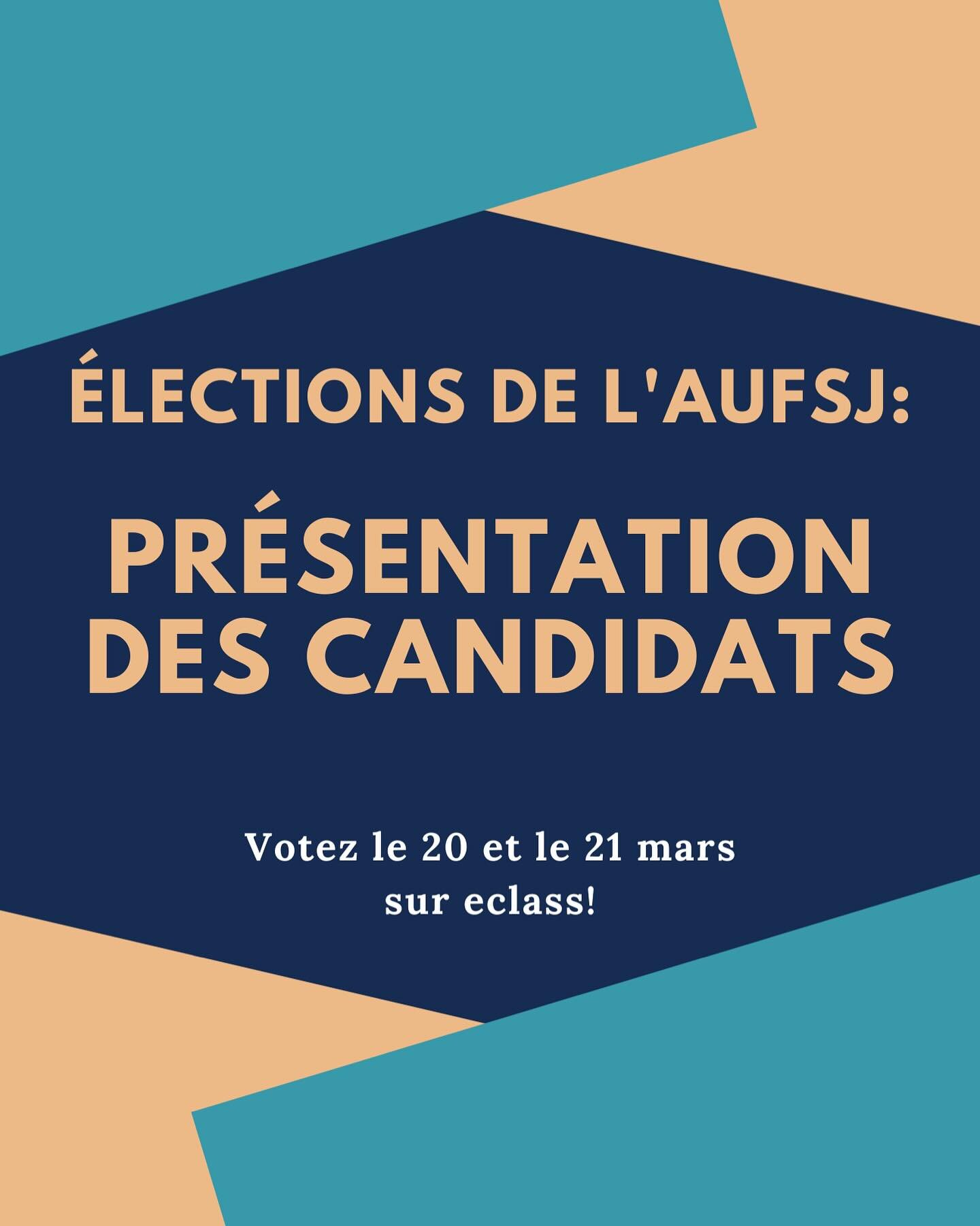 Nous vous pr&eacute;sentons la liste des diff&eacute;rents.es candidats.es aux &eacute;lections de l&rsquo;AUFSJ du printemps 2024!!! N&rsquo;h&eacute;sitez pas &agrave; les suivre sur les r&eacute;seaux et &agrave; venir les &eacute;couter lors du f