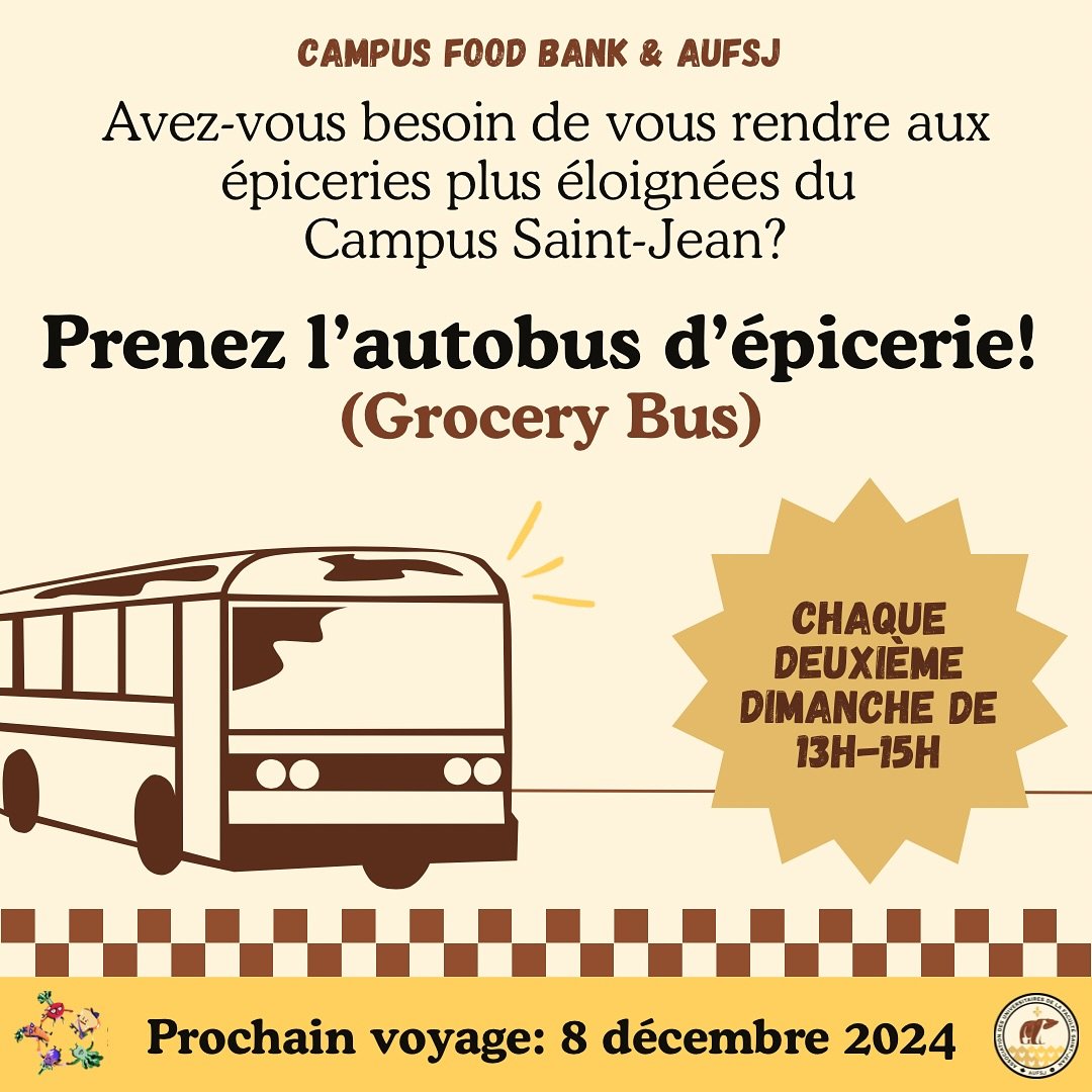 Le prochain autobus d&rsquo;&eacute;picerie est dimanche! Inscrivez-vous &agrave; l&rsquo;aide du lien dans notre bio! 🫡

&bull; Autobus d&rsquo;&eacute;picerie 🚌
&bull; Le dimanche 6 d&eacute;cembre
&bull; Devant le CSJ
&bull; D&eacute;part &agrav