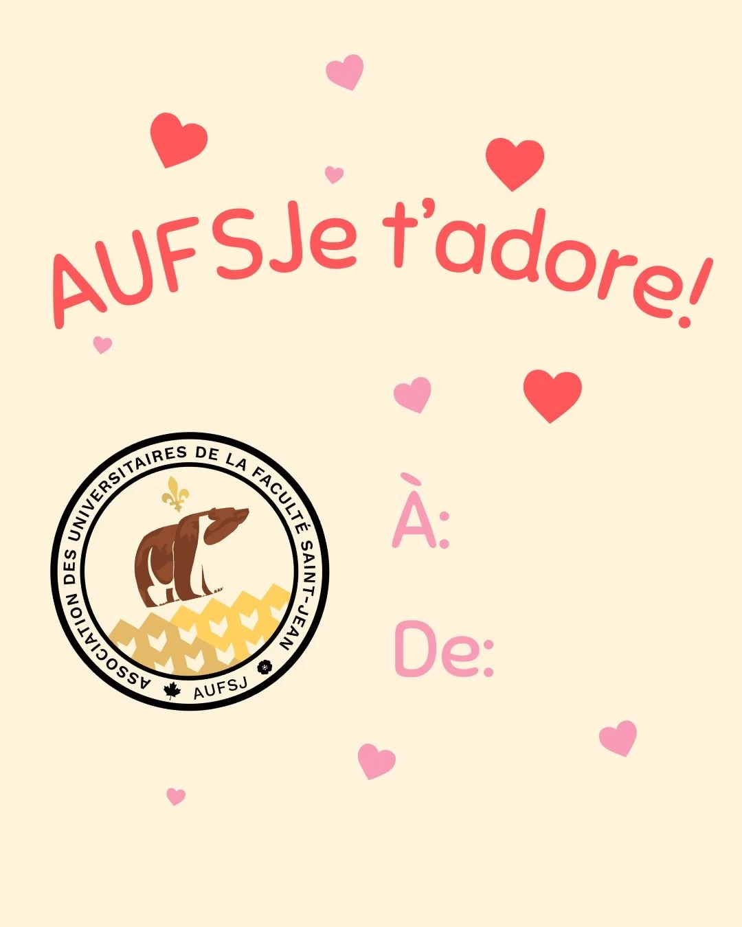 Joyeuse Saint-Valentin! L'AUFSJ vous aime! 💛🤎

Notre &eacute;quipe a &eacute;crit le nom de chaque personne &eacute;tudiante au CSJ sur un c&oelig;ur. Ces c&oelig;urs sont coll&eacute;s sur les murs du salon &eacute;tudiant.

Nous vous invitons &ag