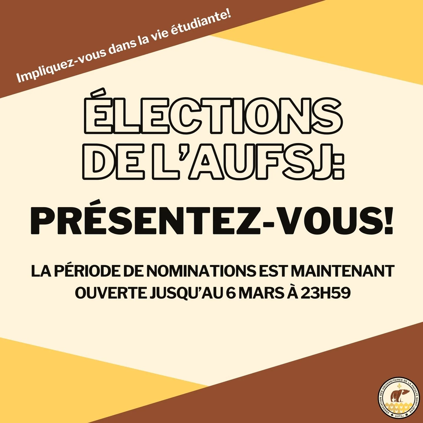 Bonjour ch&egrave;res personnes &eacute;tudiantes du Campus Saint-Jean!

Souhaitez-vous vous impliquer dans la vie &eacute;tudiante au Campus Saint-Jean? Avez-vous une vision pour votre exp&eacute;rience en tant que personne &eacute;tudiante au CSJ? 