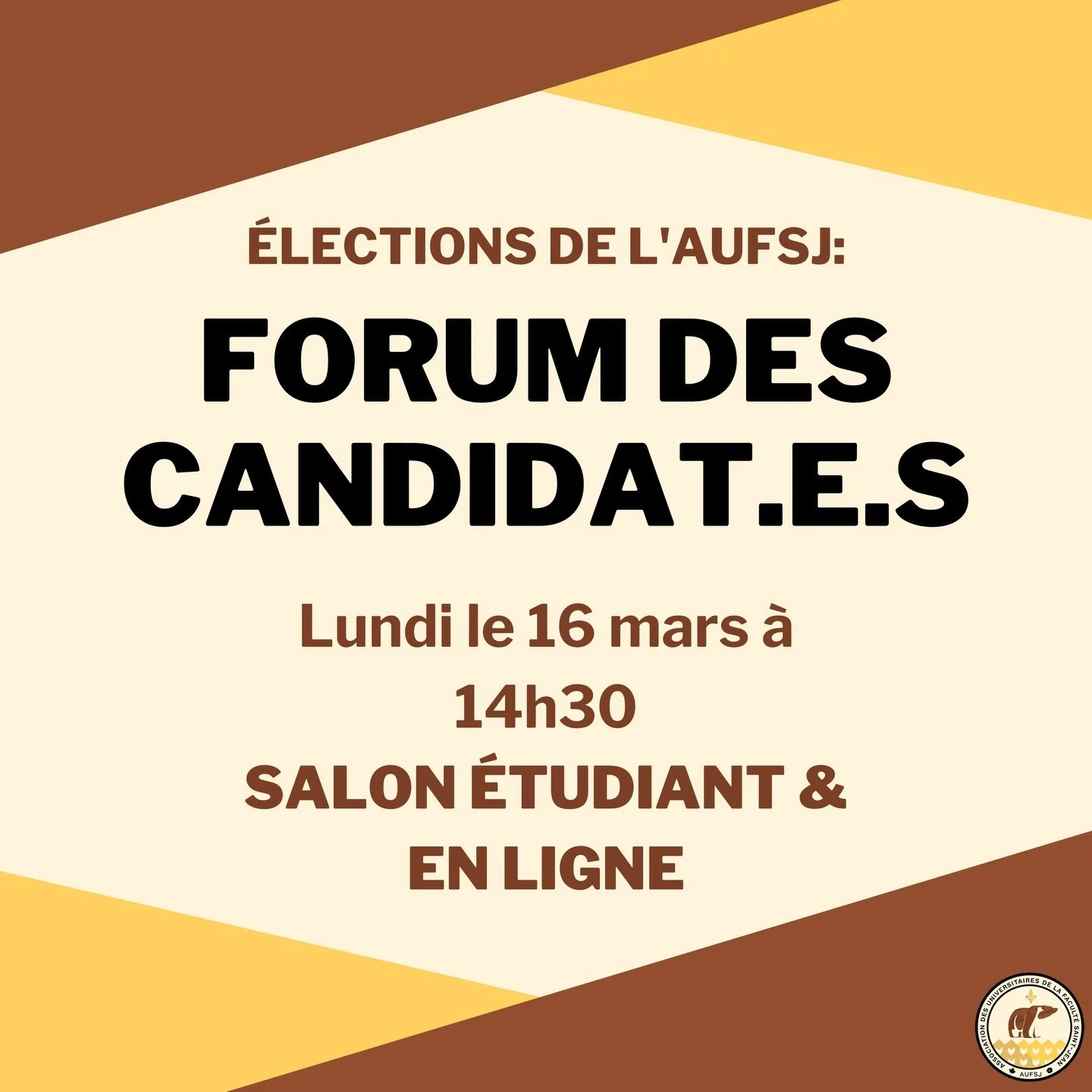 📢 Attention!

Le forum des candidats pour les &eacute;lections de l&rsquo;AUFSJ approche! C&rsquo;est l&rsquo;occasion parfaite d&rsquo;&eacute;couter les candidats et de poser vos questions. 🗳️

📅 Lundi 16 mars
💻 14h00 &ndash; Forum en ligne pou