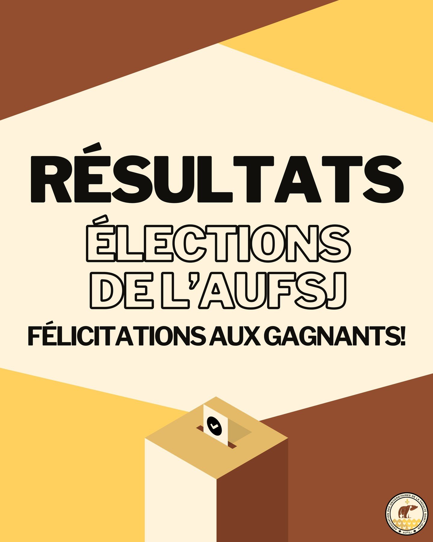 F&eacute;licitations aux gagnant.e.s des &eacute;lections de l&rsquo;AUFSJ pour l&rsquo;ann&eacute;e 2026-2027!

Souhaitez la bienvenue &agrave; vos nouveaux repr&eacute;sentant.e.s des &eacute;tudiant.e.s du Campus Saint-Jean. 🐻💛

Pr&eacute;sidenc