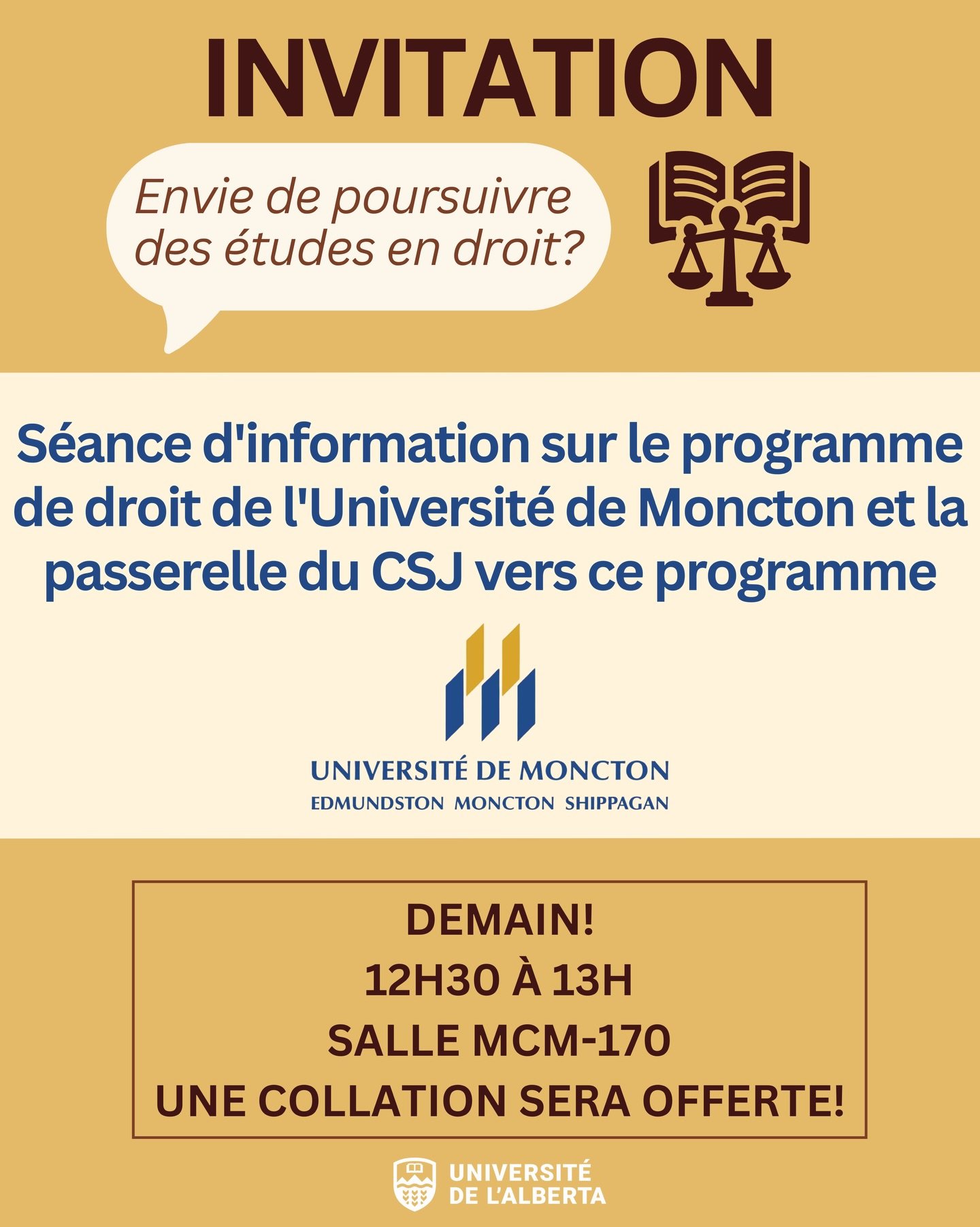 S&eacute;ance d'information sur le programme de droit de l'Universit&eacute; de Moncton et la passerelle du CSJ vers ce programme! ⚖️

Si vous envisagez de poursuivre des &eacute;tudes en droit, vous &ecirc;tes cordialement invit&eacute;&middot;e &ag