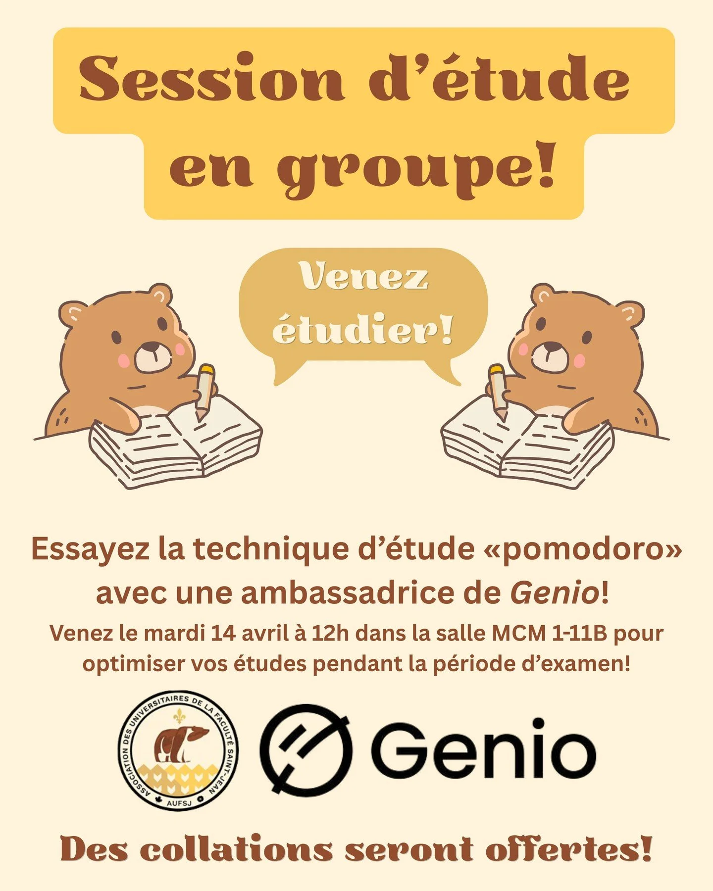 Mode examens activ&eacute;! ⚡️

L&rsquo;AUFSJ, en collaboration avec une ambassadrice de Genio, t&rsquo;invite &agrave; une session d&rsquo;&eacute;tude de groupe pour t&rsquo;aider &agrave; rester motiv&eacute;(e) pendant la p&eacute;riode d&rsquo;e