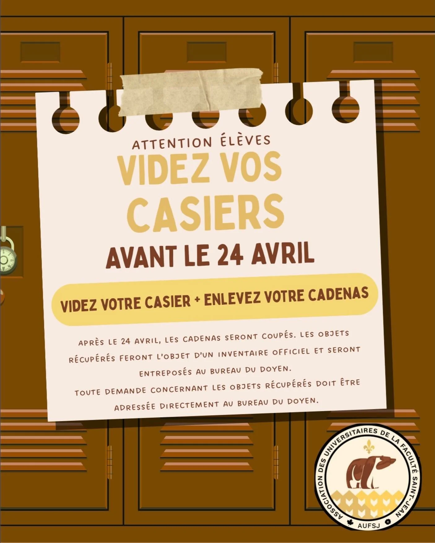 Rappel important 📢
Videz votre casier et retirez votre cadenas avant le 24 avril.⏰
Apr&egrave;s cette date : cadenas coup&eacute;s, effets retir&eacute;s et frais de 50$ pour r&eacute;cup&eacute;ration.🚨
