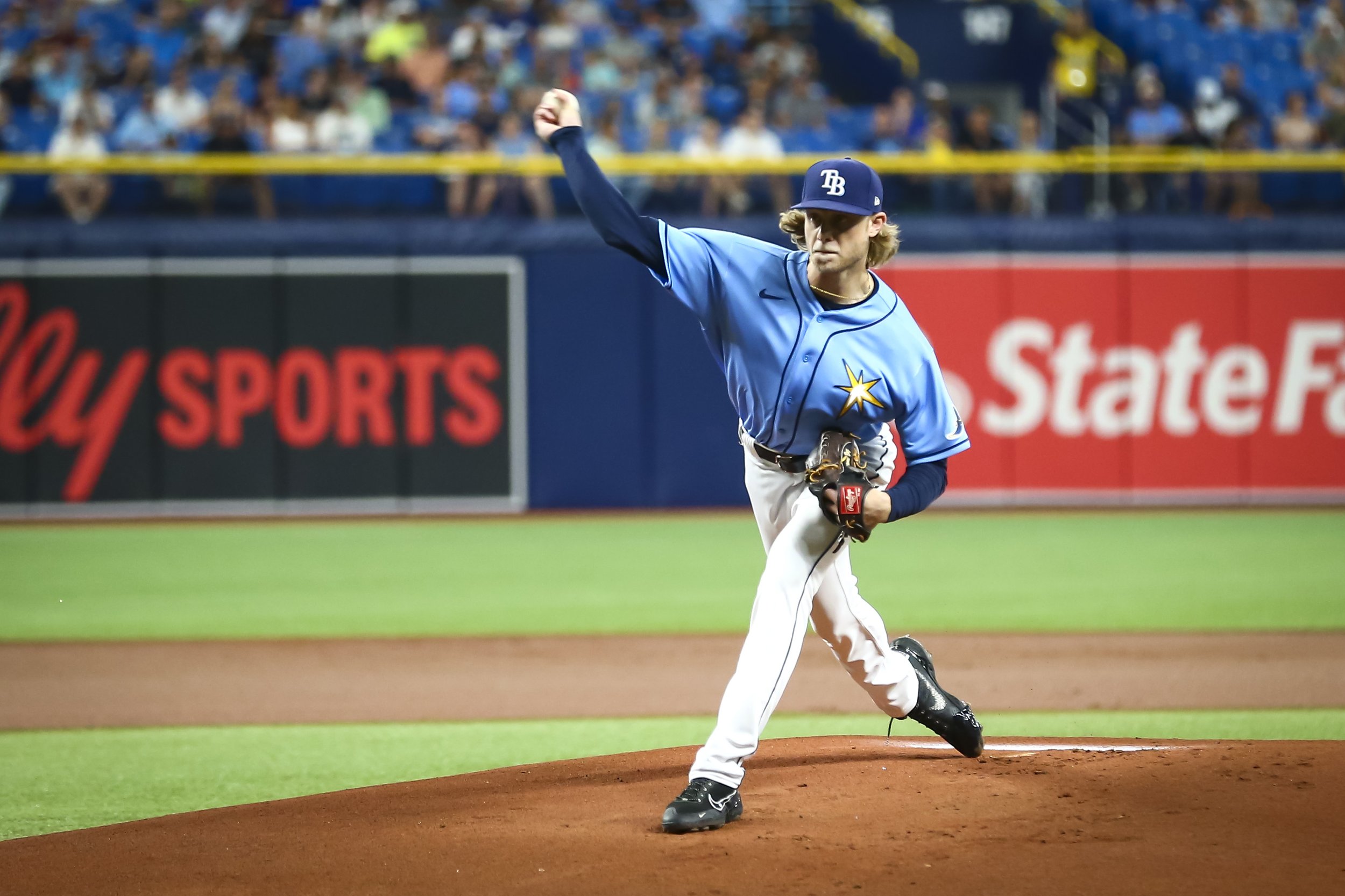 Tampa Bay Rays pitcher Shane Baz throws a pitch in a game against the Milwaukee Brewers at Tropicana Field on June 28, 2022.

Shot by Vince Caffiero on Canon EOS-1DX, 200 mm.