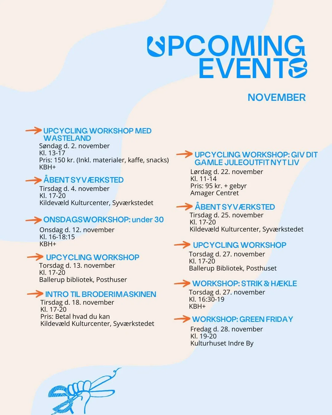 November workshops og events!! F&oslash;lg med, n&aring;r vi l&oslash;bende deler flere detaljer omkring vores st&oslash;rre events, samt opdateringer om nye arrangementer og workshops 💌 Du kan ogs&aring; altid finde mere information om de forskelle