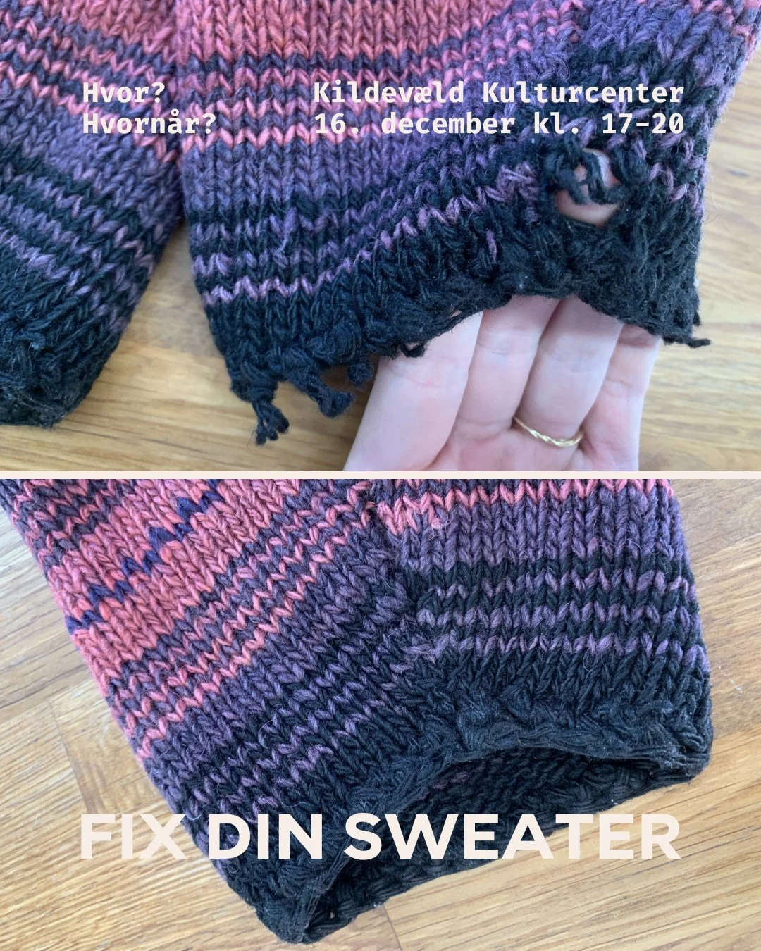 UPCYCLING WORKSHOP
Er din knus-elskede-yndlings-sweater efterh&aring;nden for slidt og hullet til at du stadig kan v&aelig;re bekendt at g&aring; med den? Eller har du et strikket halst&oslash;rkl&aelig;de liggende i skabet, som bare er lidt for kede