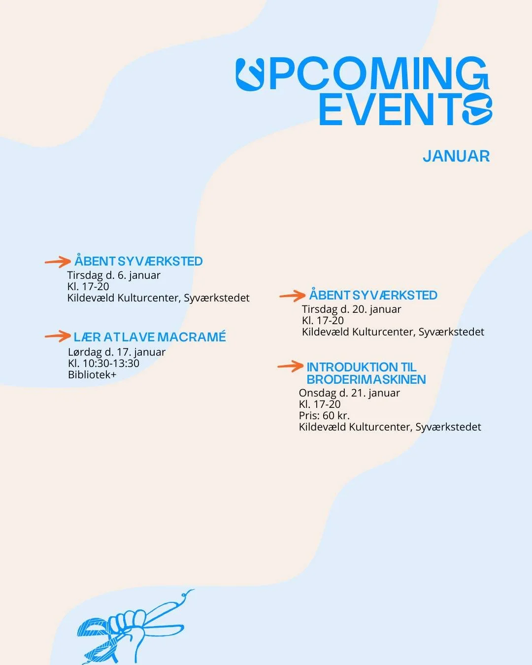 Januar workshops og events!! 💌 Kom og v&aelig;r med til en dejlig start p&aring; &aring;ret hvor du for nogle tekstiler mellem h&aelig;nderne. Du kan altid finde mere information om de forskelle events i vores link i bio!