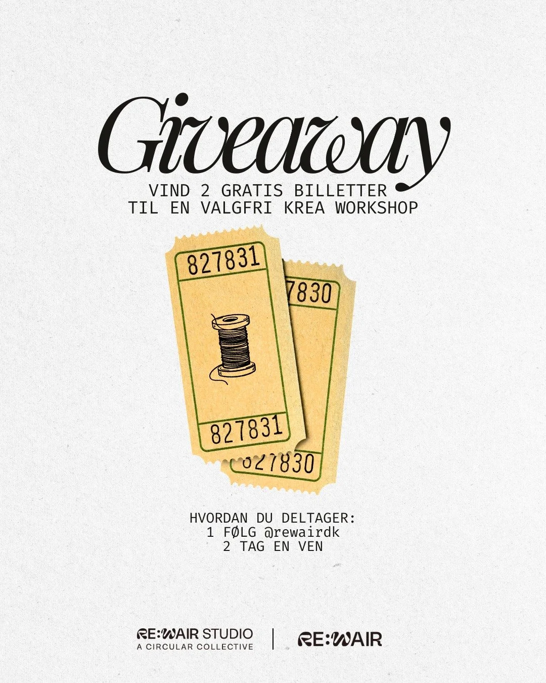 ⭐GIVEAWAY⭐
Re:wair vil gerne give GRATIS billetter til dig og en ven til en valgfri upcycling workshop! 

S&aring;dan deltager du:
- F&oslash;lg @rewairdk
- Tag en ven, du gerne vil tage med

Du kan deltage s&aring; mange gange du vil, bare tag en ny