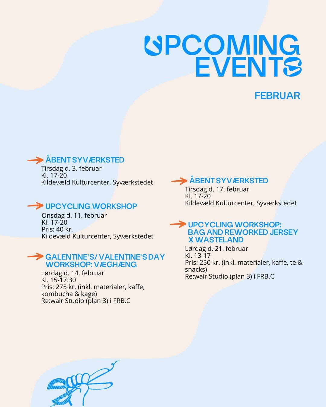 FEBRUAR HOS RE:WAIR 💙
&Aring;bent syv&aelig;rksted, upcycling workshops og kreativt samarbejde &ndash; hele m&aring;neden.
Kom og sy, repar&eacute;r, upcycle og h&aelig;ng ud med os! 
Uanset om du vil l&aelig;re nyt, skabe noget med h&aelig;nderne e