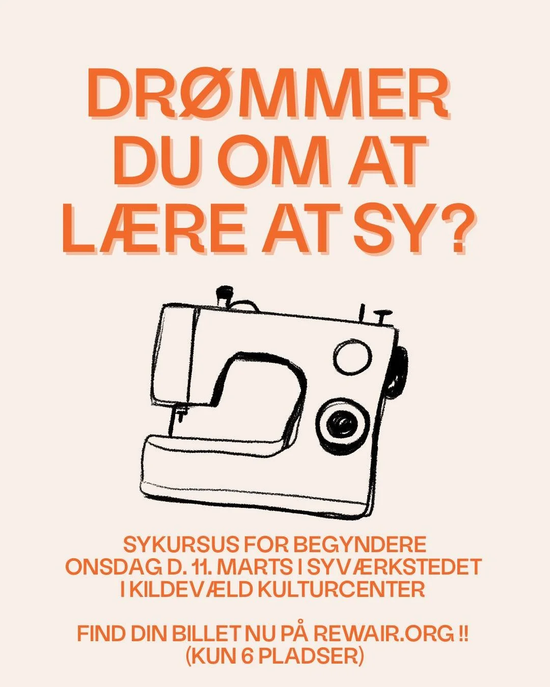 Onsdag den 11. marts inviterer Re:wair til Sykursus for Begyndere (kl. 17-20). Her tager vi det helt fra bunden med introduktion til symaskine, overlocker og grundl&aelig;ggende teknikker. Holdet er sm&aring;t, s&aring; der er god tid til fordybelse 