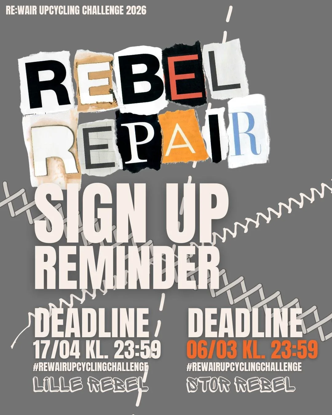 HUSK at tilmelde dig dette &aring;rs Upcycling Challenge hvor du skal lave reparationer -  Deadline for at tilmelde dig Stor Rebel er allerede p&aring; fredag d. 6. marts!!

Konkurrencen kulminerer til Craftivism Festival (d. 17. maj) hvor modeshowet