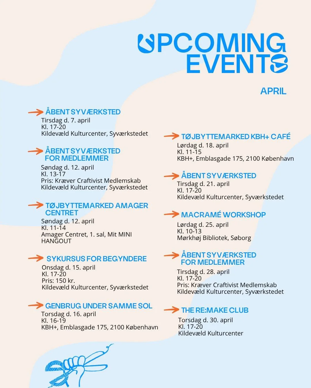 APRIL HOS RE:WAIR 💙
&Aring;bent syv&aelig;rksted, upcycling og t&oslash;jbyttemarkeder &ndash; hele m&aring;neden.

Kom og sy, repar&eacute;r, upcycle og h&aelig;ng ud med os!
Uanset om du vil l&aelig;re nyt, skabe noget med h&aelig;nderne eller bar