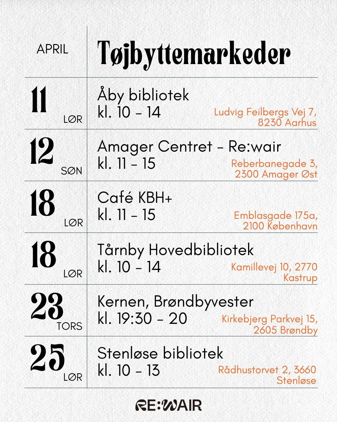 S&aring; er vi klar til &aring;rets t&oslash;jbyttemarked kampagne!

Vi har samlet 11+ t&oslash;jbyttemarkeder over hele landet, s&aring; tjek lokationerne og se, om der ikke er et t&aelig;t p&aring; dig📍

Tjek link i bio for mere info, og hold &osl