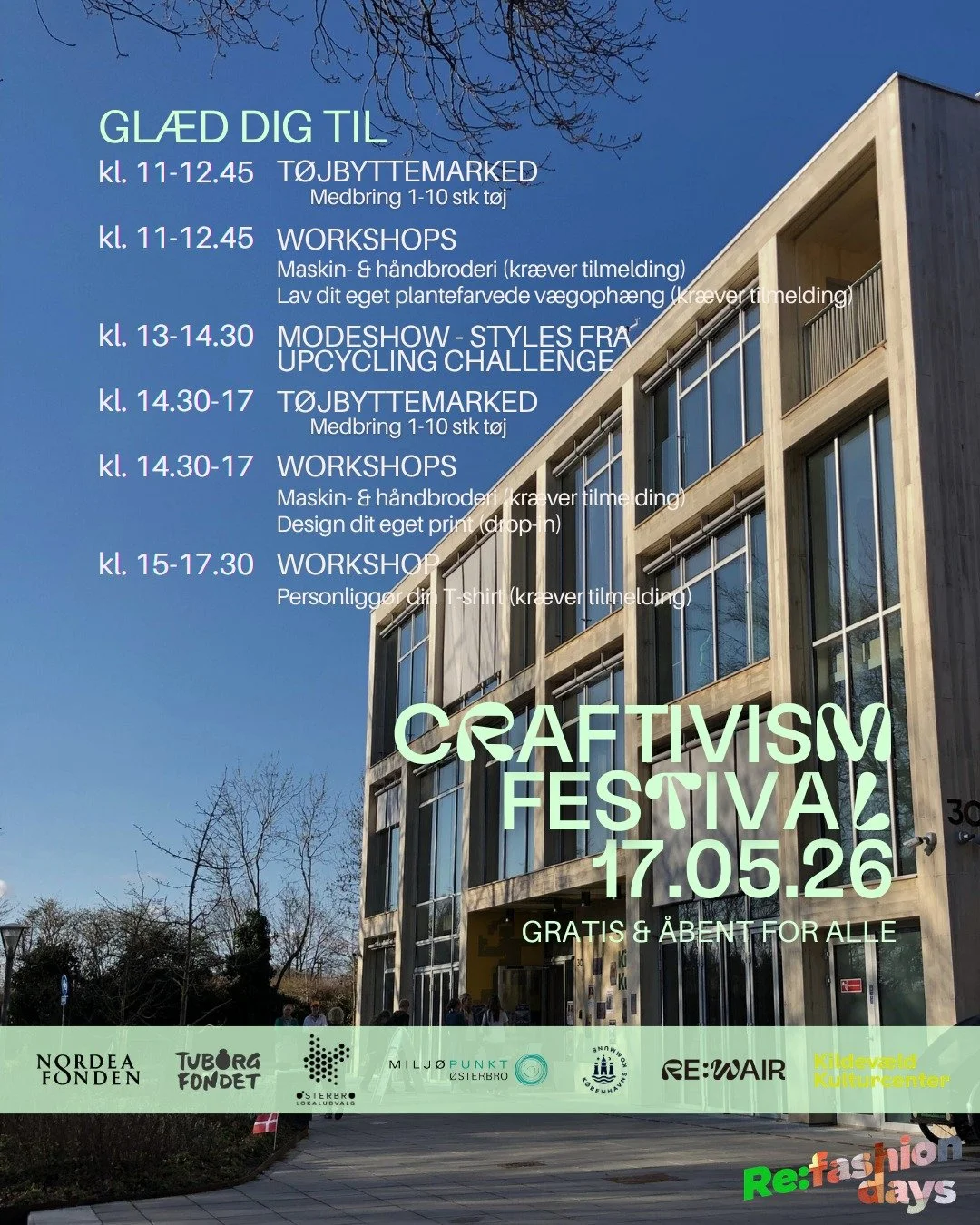 HER ER DET ENDELIGE PROGRAM TIL CRAFTIVISM FESTIVAL 2026 ☆☆☆ Vi h&aring;ber s&aring;dan p&aring; at se jer til en dejlig dag fyldt med workshops, t&oslash;jbyttemarked og modeshow samt fokus p&aring; upcycling, t&oslash;jgl&aelig;de og f&aelig;llessk