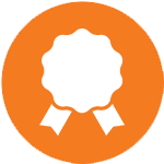 Orange badge icon with white ribbon ribbons