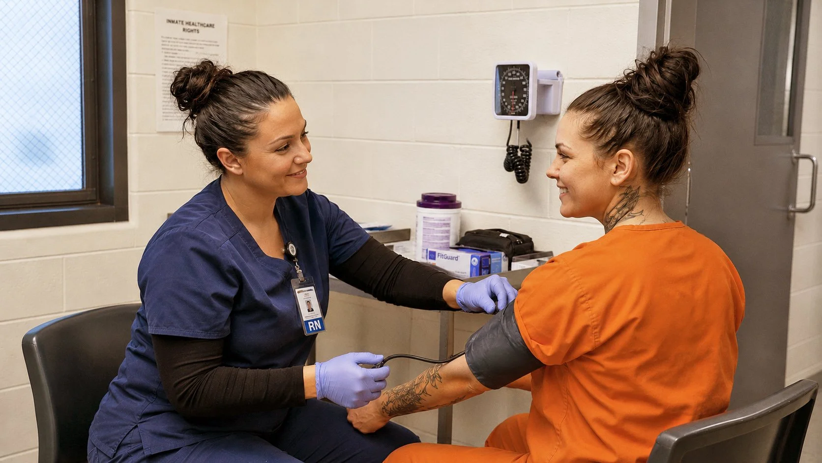 A nurse in navy scrubs and gloves is taking the blood pressure of a woman in orange prison clothing, who is smiling at her. They are sitting in a hospital or clinic room with medical supplies and a wall-mounted blood pressure monitor.