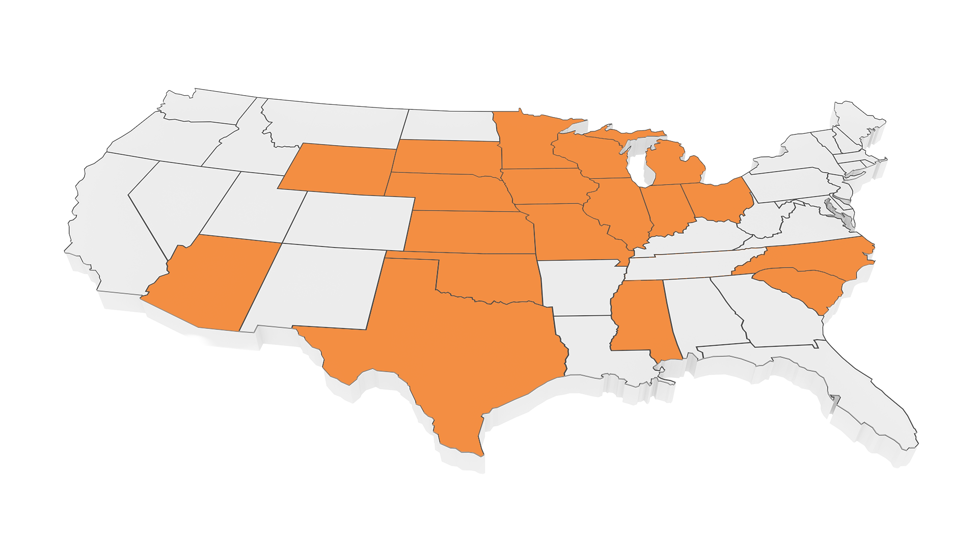 Map of the United States showing certain states in orange.