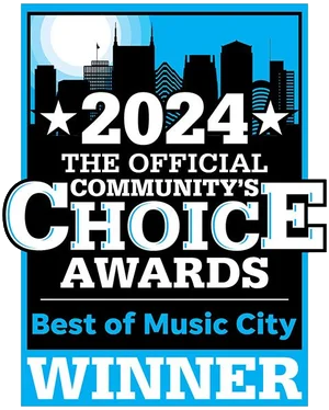 Graphic announcing the 2024 Official Community's Choice Awards for Best of Music City, with a city skyline, stars, and bold text.
