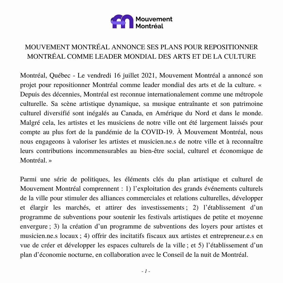 Aujourd'hui &agrave; 10h00, 
Mouvement Montr&eacute;al annonce ses plans pour repositionner Montr&eacute;al comme leader mondial des arts et de la culture!

Rejoignez-nous &agrave; l'ext&eacute;rieur de la Mus&eacute;e des Beaux-Arts!

&mdash;

Today