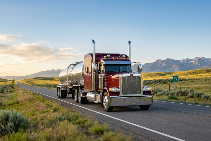 A clean, freshly washed red Peterbilt semi-truck pulling a polished silver tanker trailer on a scenic rural Idaho highway with mountains in the background.